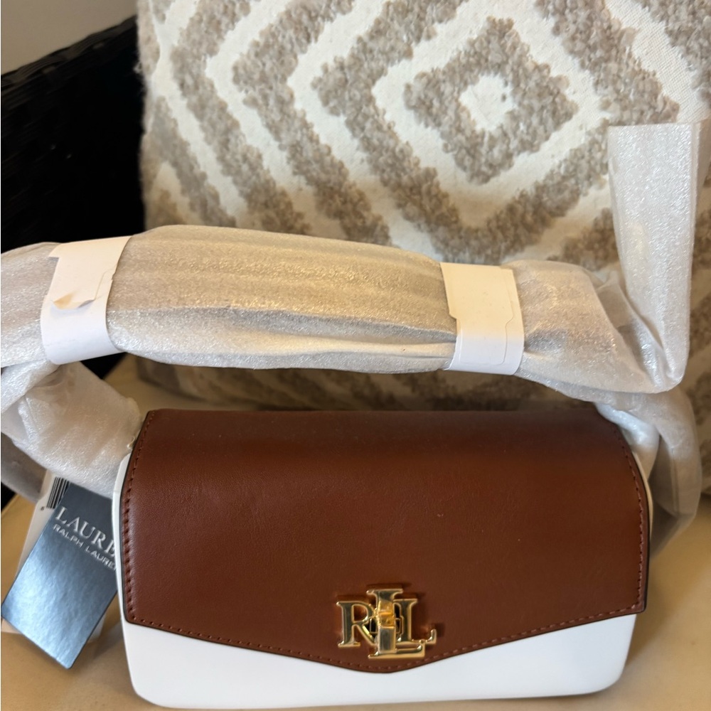 Ralph Lauren Brown & White Leather Crossbody with Gold RL Logo